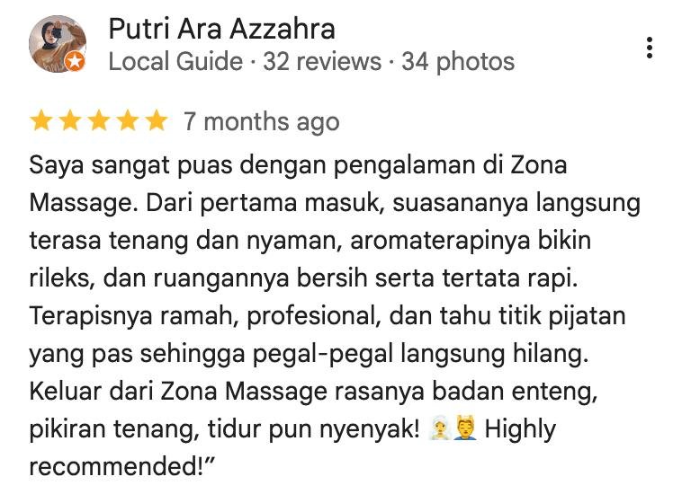 Testimoni pelanggan Zona Massage
